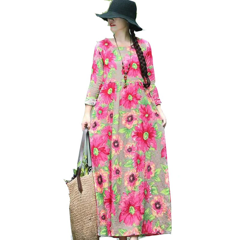 2019 Summer Women's clothing Dress Loose Printing Large size Dress Women's clothing Fashion Round neck Long sleeve Dress WLP007