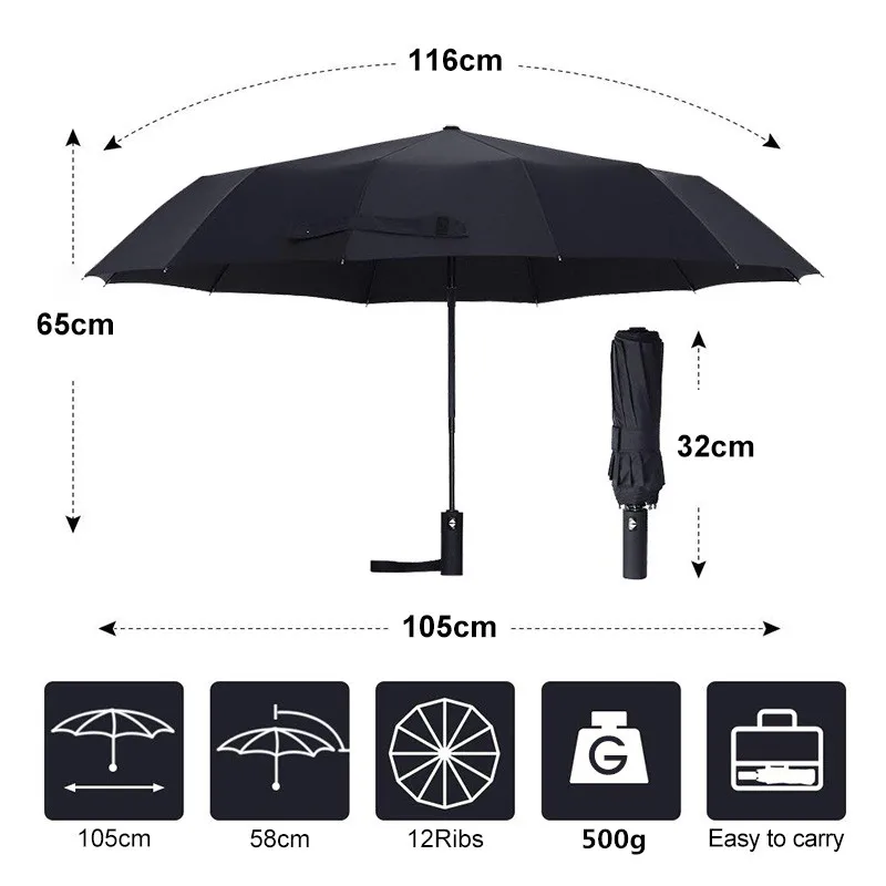 Strong Wind Resistant Folding Automatic Umbrella Men Women Rain Strong Wind Resistant Folding Automatic Umbrella Men Women Rain 12ribs Large Umbrellas Business Portable Long Handle Parasol In From Home