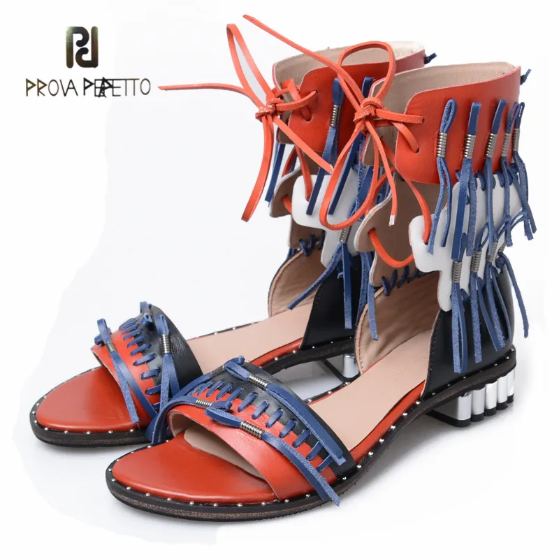 

Prova Perfetto 2018 Top Selling Look Beauty Hand-made Sandals Mixed Colors Fringe Open Toe Lace-up Female Rome Sandals Flat Shoe