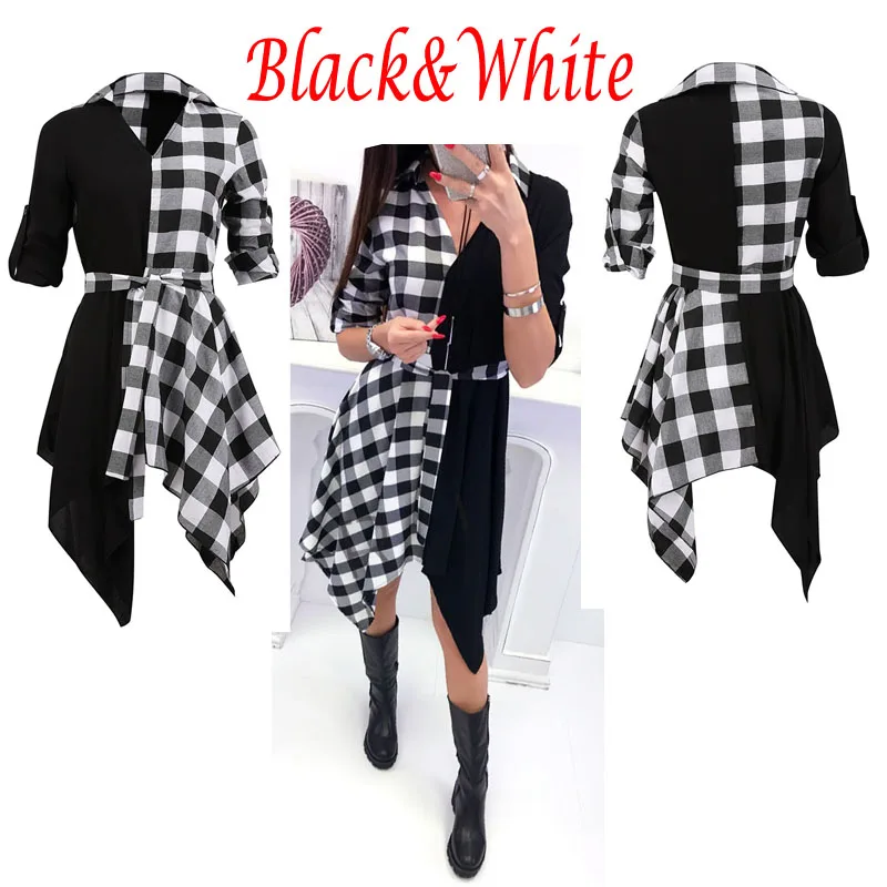 New Womens V-Neck Check Dress Long Sleeve Sashes Loose V Neck Plaid Tops Casual Sexy Mini Dress