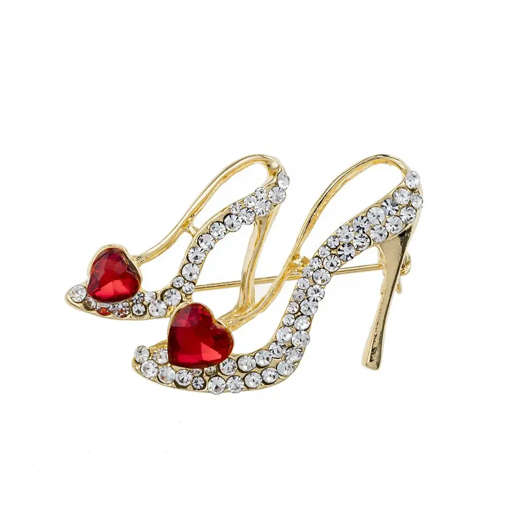 large heart shape Crystal High Heels Shoe Brooch Golden