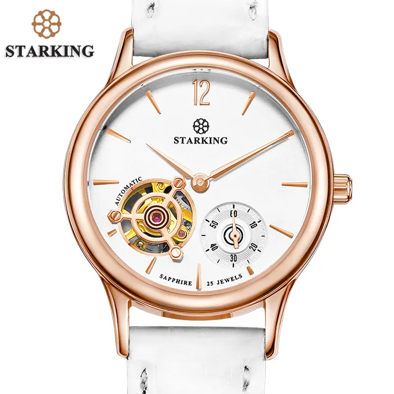 

STARKING Women Mechanical Wristwatches Skeleton Tourbillon Analog Automatic Geneva 5ATM Leather Strap Famous Brand Watch AL0213