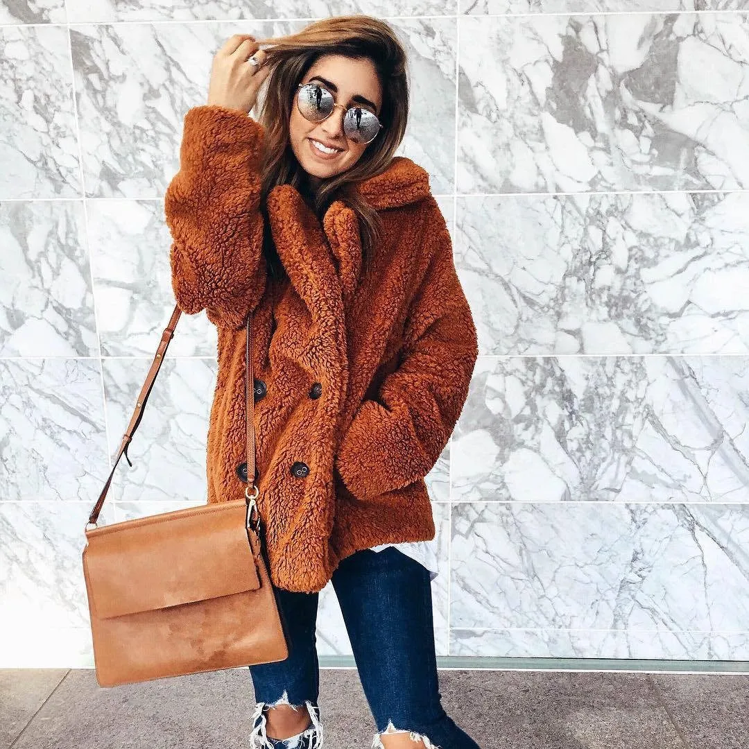 

2018 Winter Women Pockets Thick Teddy Coat Casual Oversize Fleece Faux Fur Plush Jacket Overcoat