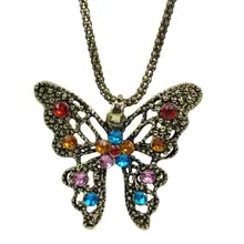 BISM Wholesale New Vintage Bronze Hollow Butterfly Rhinestones Slim Round Chain Necklace