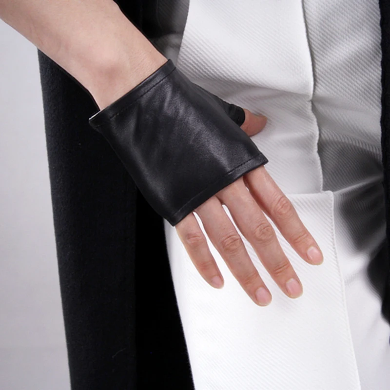 Ultra-thin Genuine Leather Pure Sheepskin Black Semi-Finger Fingerless Ultra Short Woman's Gloves Touch Screen Mobile Phone TB07