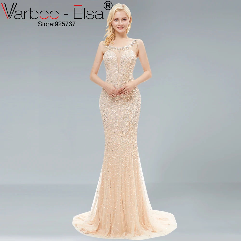 VARBOO_ELSA роскошное шампанское тюль-русалка длинное вечернее платье без рукавов для