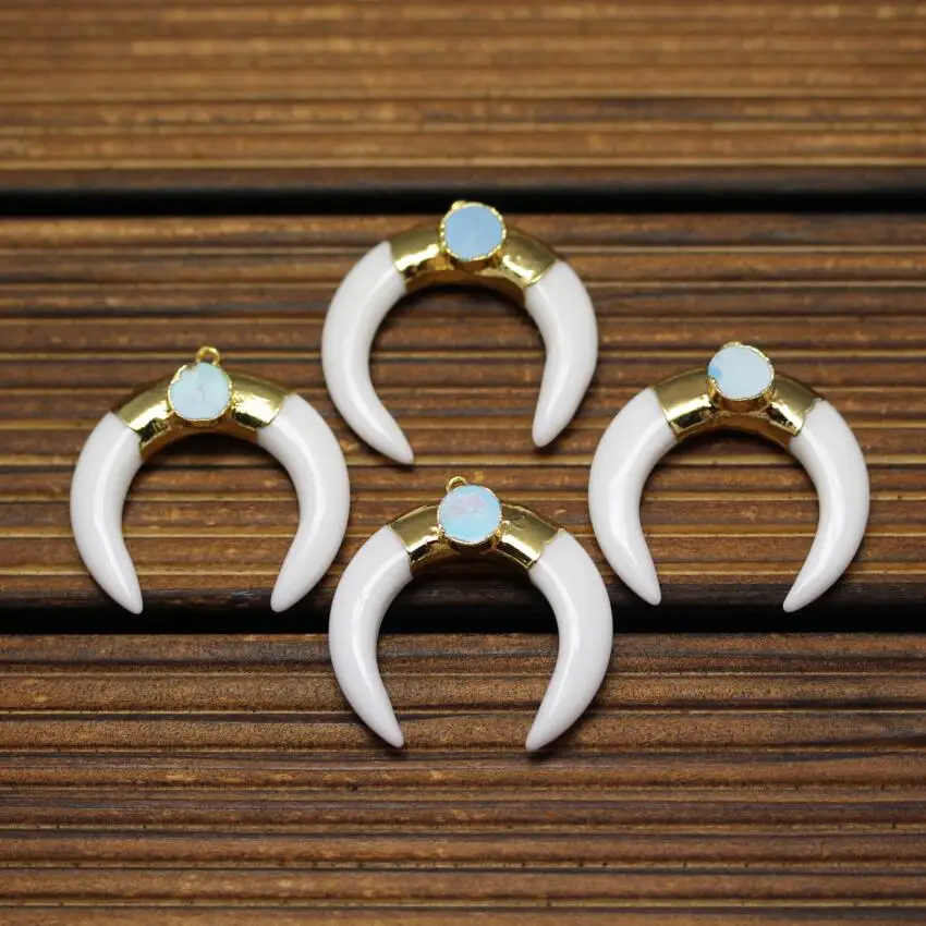 

Fashion White Bull Bone Crescent Pendant,With Gold Metal Alloy,Druzy Ja de Stone Horn Pendant for Making jewelry findings