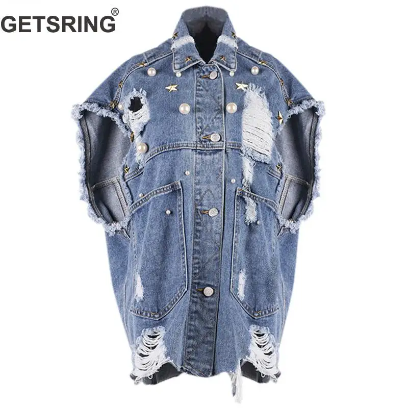 

GETSRING Women Vest Denim Vest Women Jeans Vest Long Sleeveless Vest Bead Hole Jean Waistcoat Loose Long Coat Denim Woman Tops