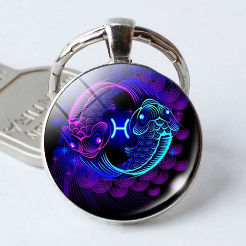 Car 12 Constellation Leo Virgo Key Chains Glass Cabochon Pendant Zodiac Sign Rings Silver Bag Keychain Special | Автомобили и