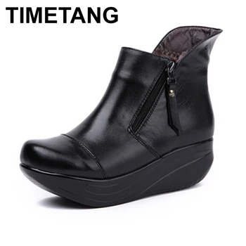

TIMETANG Vintage Zipper Women Boots Black Genuine Leather Wedges Swing Shoes Warm Plush Winter Shoes Round Toe Platform Shoes