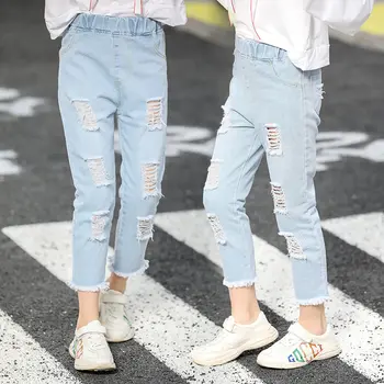 

New Summer Girls Light Jeans With Holes Girl's Broken Hole Ripped Jeans for Girls Infant Ripped Pants Trendy Kids Trousers 4-13Y