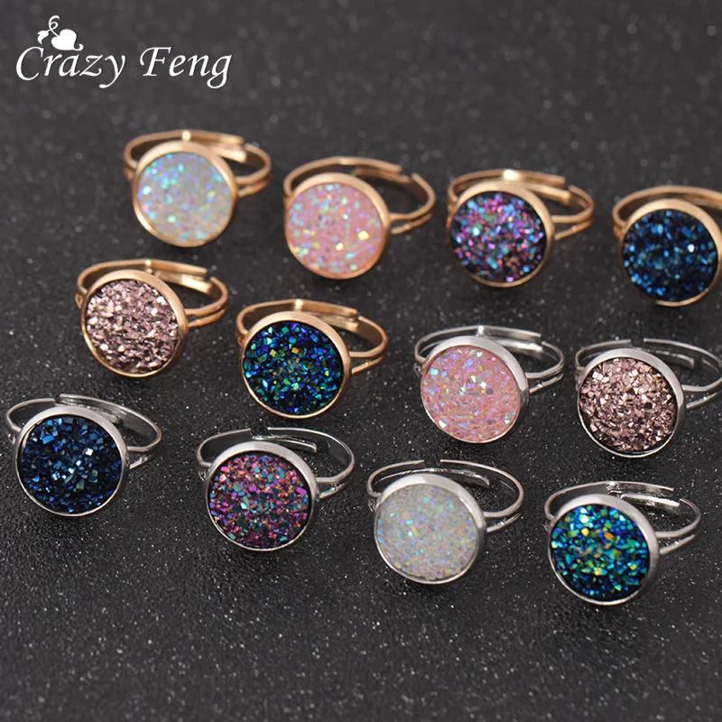 

Crazy Feng Trendy Druzy Stone Finger Rings For Women Silver Good Color Party Wedding Ring Anel Ring Jewelry Adjustable Size