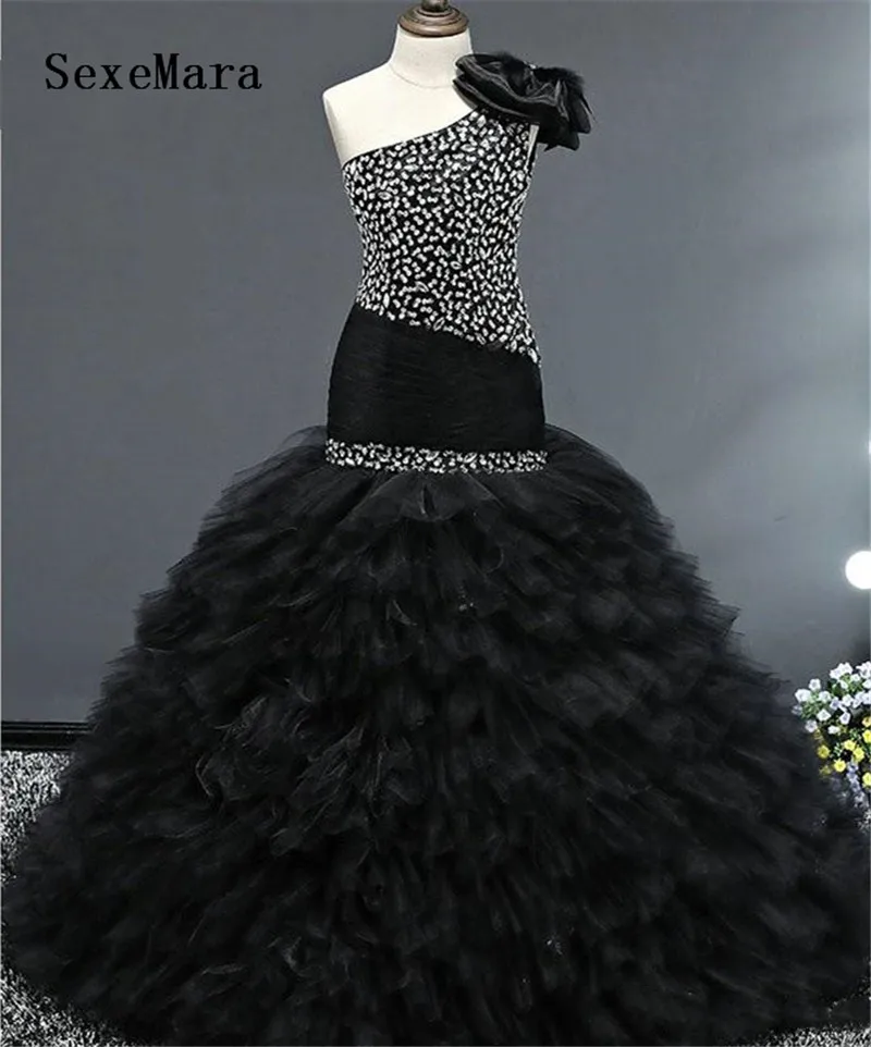 

Ruffles Mermaid Glitz Pageant Dresses One Shoulder with Bow Beaded Sequins Girl Dresses for Special Occasion Custom Made