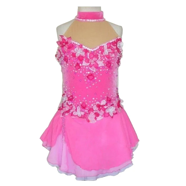 Cheap Customized Costume Ice Figure Skating Gymnastics Dress Competition Adult Child Girl Skirt Performance Pink Stand Collar