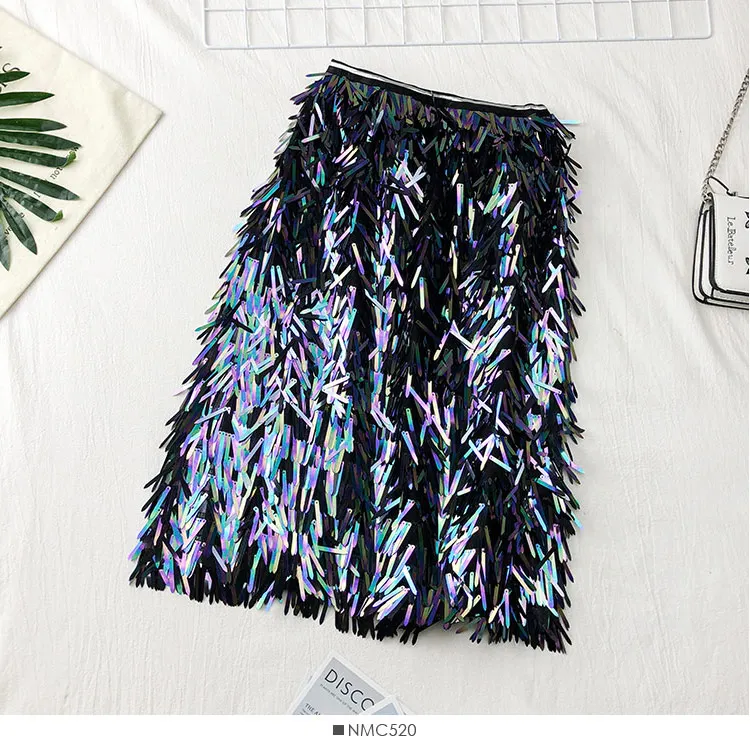 New Summer Fashion Sequins High Waist Skirts With Sequins Tassel Ladies Sexy Club Skirt