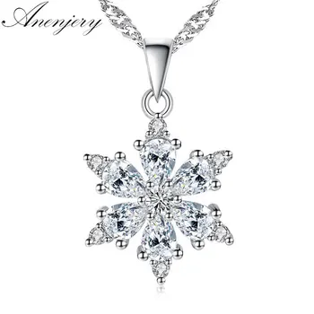 

Anenjery Silver Color Jewelry AAA Zircon Snowflake Pendant Neckace For Women Gift Chain choker collares S-N134