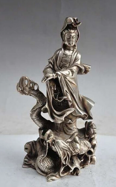 

decoration Tibet copper silver 9" china buddhism silver zodiac god dragon lotus Kwan-Yin Guan Yin buddha statue