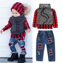Осенняя одежда для маленьких мальчиков эксклюзивная одежда для детей красные топы в клетку с длинными рукавами+ джинсы комплект одежды из 2 предметов для маленьких мальчиков, От 1 до 5 лет