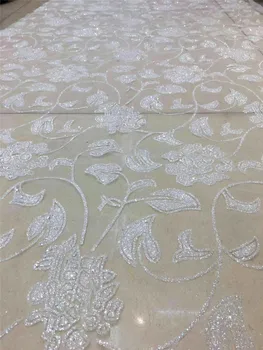 

Beautiful design 5 yards BZL-102421 Glued glitter sequins Tulle Lace Fabric top Selling African Lace Fabric in white color