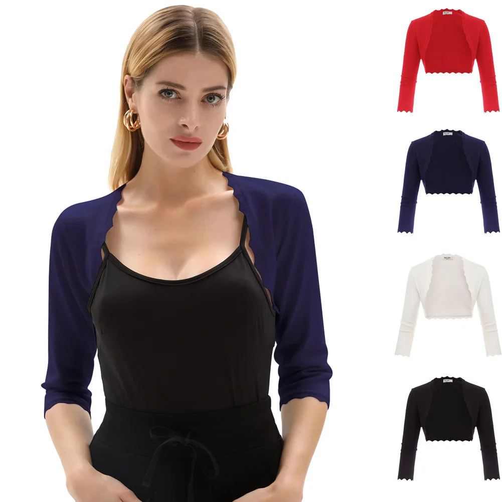 New  GK Black/ Ivory Women's 3/4 Sleeve Open Front bolero shrug office work wear party slim Copped tops 