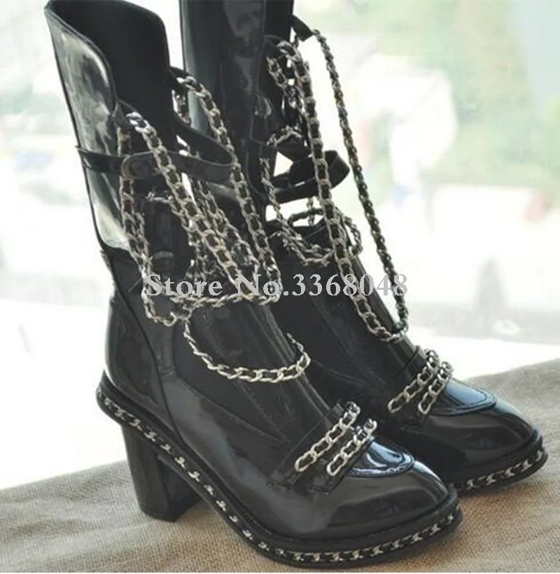 

2019 Fall Winter Ankle High Black Motorcycle Boots Shoes Women Chained Short Boot Chunky High Heels Big size 43