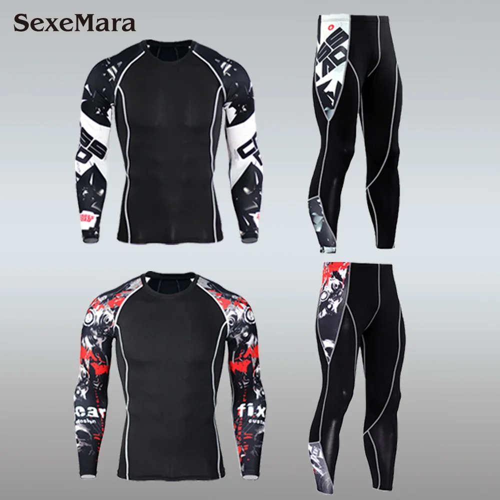 

2018 MMA Men's Compression Running jogging Suits Clothes Sports Sets Long T-shirt And trousers Gym Fitness workout Tights kits