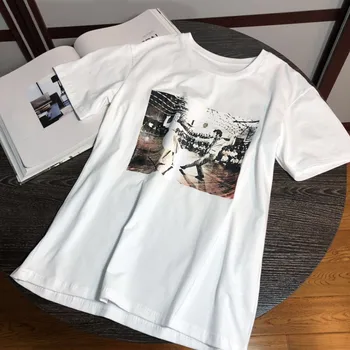 

Summer 2019 women's cotton roundneck dancer print short-sleeved vintage T-shirt