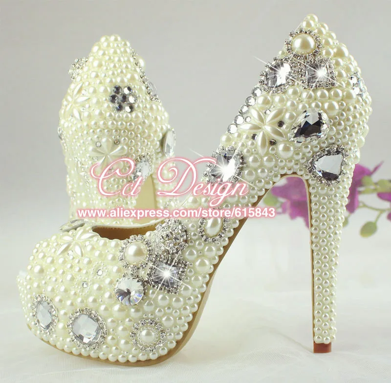 free shipping women peep toe platforms crystals and ivory pearls diamond wedding shoes pearls high heels party prom pumps