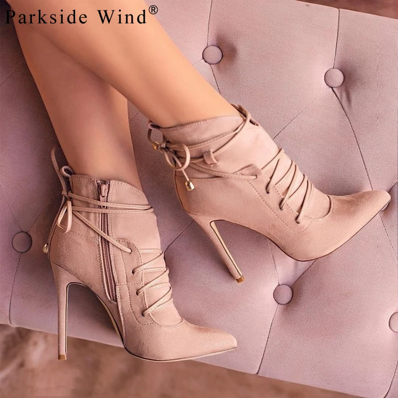 

Parkside Wind Sexy Women Party High Heel PU Leather Pointed Toe Boots Winter Designer Cross-tied Women's Ankle Shoes XWC0883-5