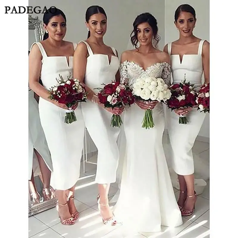 White Sleeveless Straps Slim Line Satin Cheap Bridesmaid Dresses