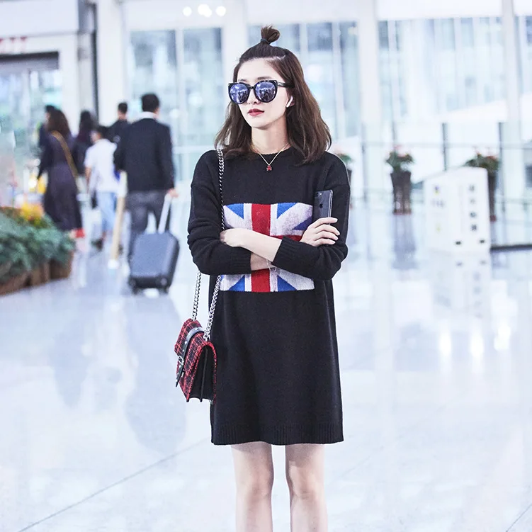 Star Jiang Shuying's Black Rice Flag Jacquard Long Knitted Sweater Dress 2019 Pullovers Fashion O-Neck Black Women Sweater Star Jiang Shuying's Black Rice Flag Jacquard Long Knitted Sweater Dress 2019 Pullovers Fashion O-Neck Black Women Sweater