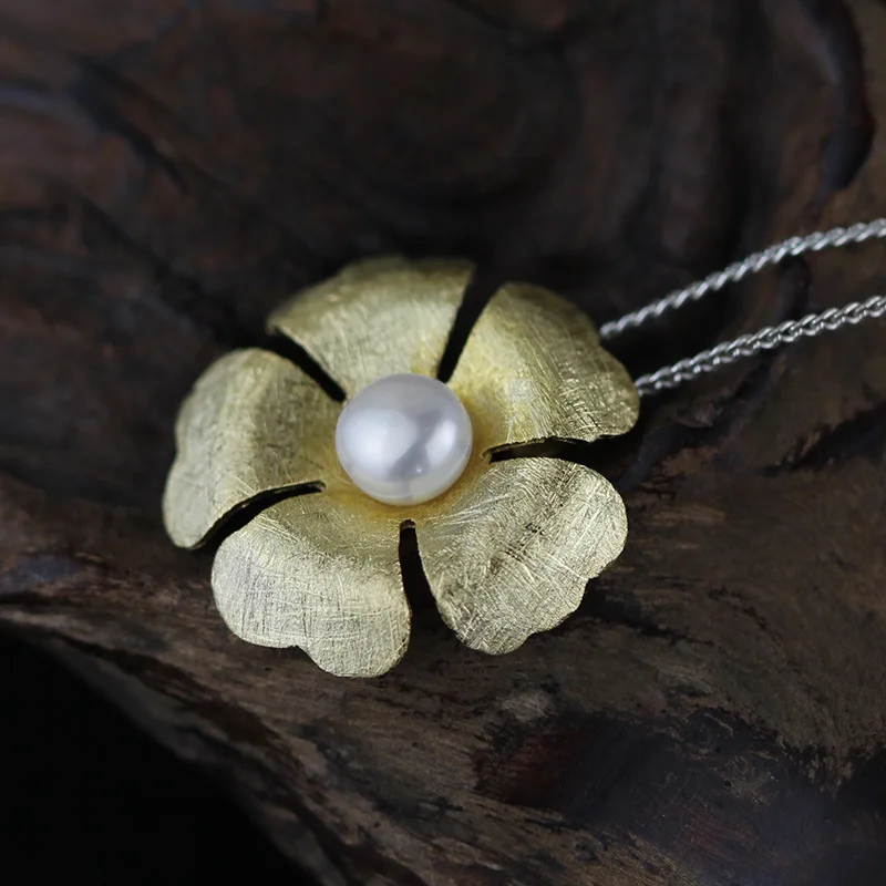 925 sterling silver jewelry pendants handmade brushed flower pendant with center pearl
