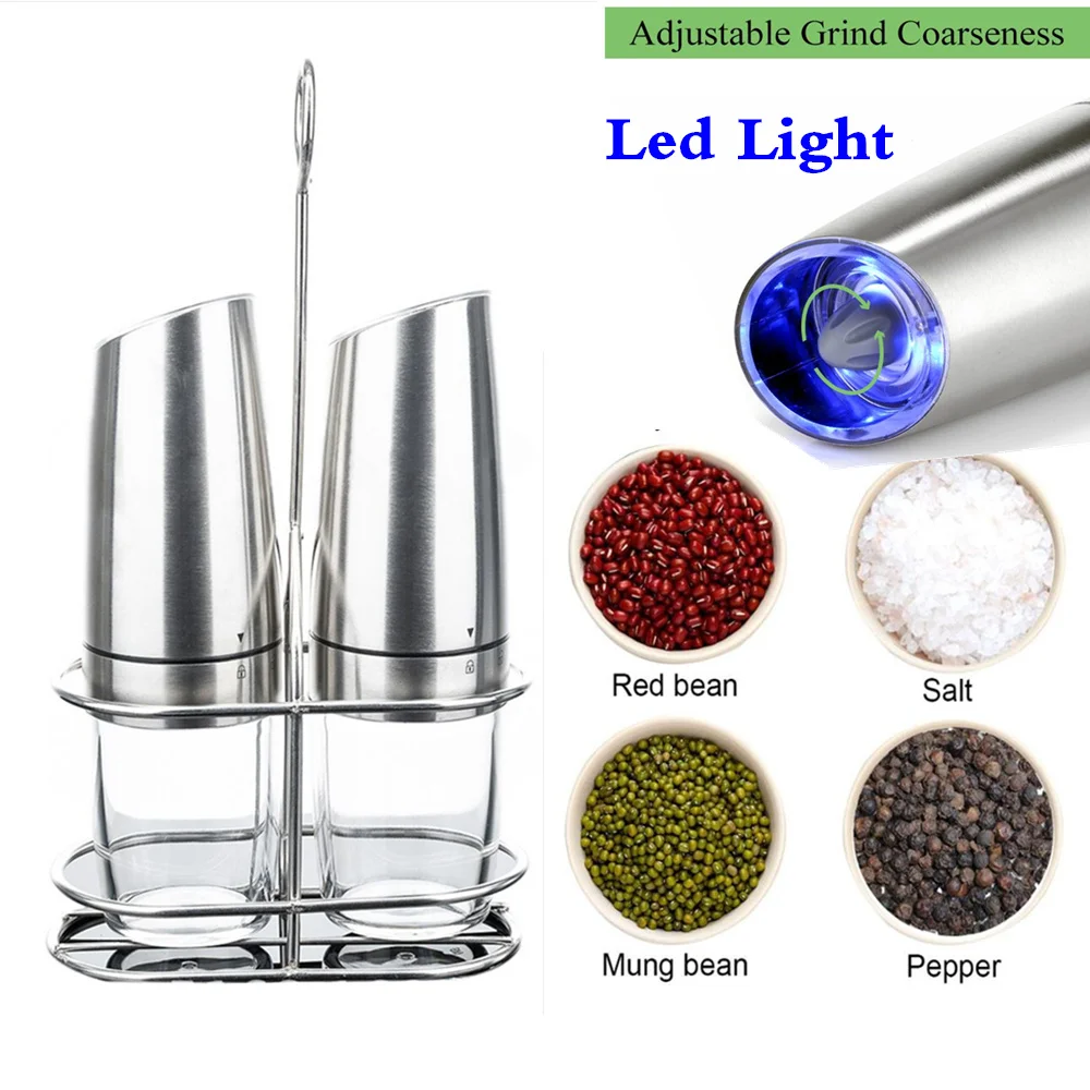 

2 PCS Electric Pepper Mill Gravity Salt and Pepper Grinder Set with Metal Stand Battery Salt Shakers Automatic with LED Light