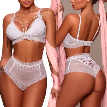 

2019 Sexy women White Lace Bowknot Lingerie Bra Bandage Set Bodysuit Sleepwear S-2XL