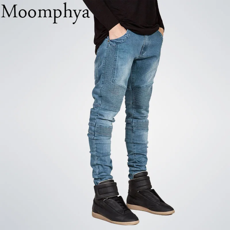 

Moomphya Mens Skinny jeans men Runway Distressed slim elastic jeans denim Biker jeans hip hop pants Washed Pleated jeans blue