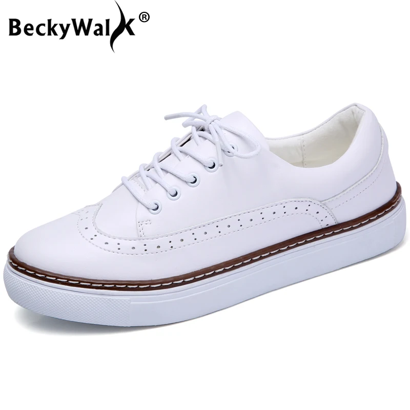 

BeckyWalk White Spring Women Flats Casual Sneakers Shoes Women School Flat Shoes Ladies Lace Up Zapatos Mujer Boat Shoes WSH2867