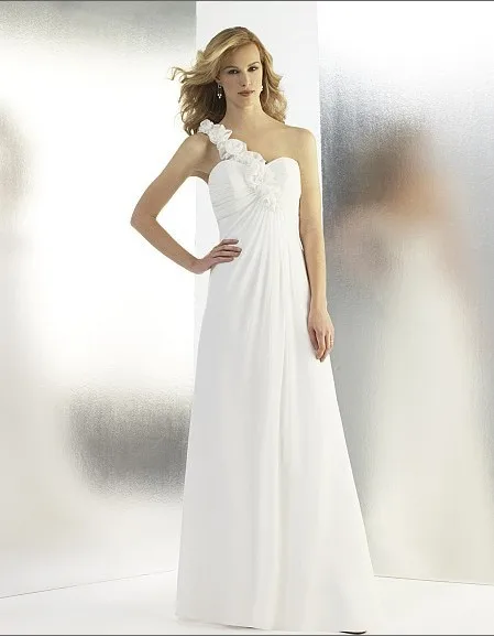 

flapper grecian chiffon a-line features rolled rosette detailing one shoulder draped cowl back bridal gown mother of bride dress