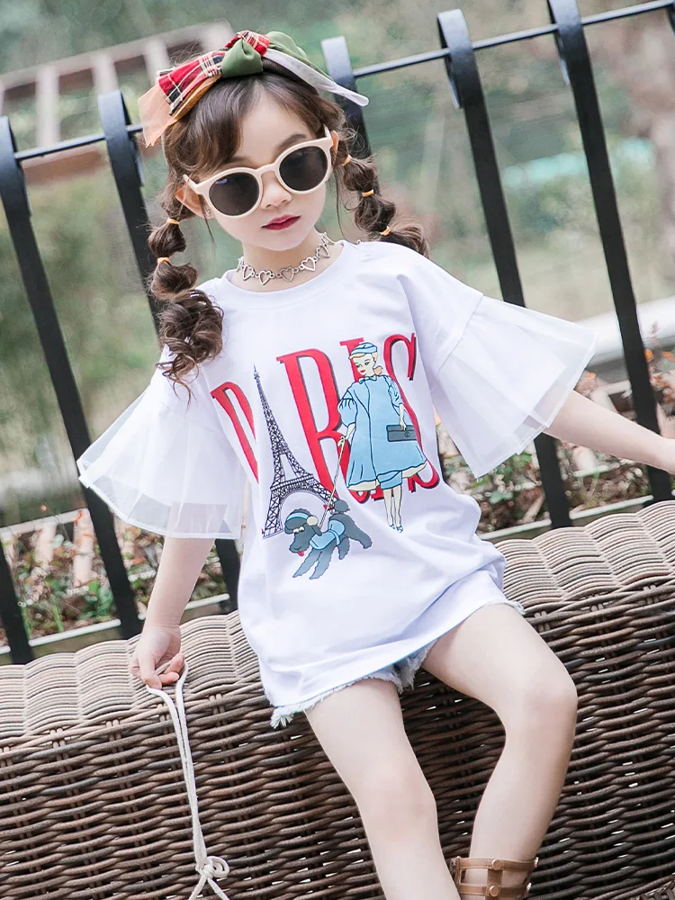 

Girls Short Sleeve T-Shirt Summer Dress Girls Half Sleeve 2019 New Children's Wear Foreign Children's Trumpet Sleeve Top
