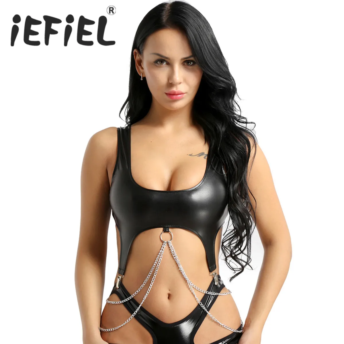 

Sexy Women PU Leather Wide Shoulder Straps with Metal Tassel Chain and Clips Vest Tank Crop Tops Clubwear Bralette Bra Top