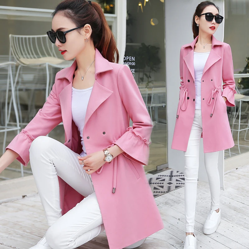 Spring Autumn Trench Coat Women Causal Long Sleeve Drawstring Waist ...