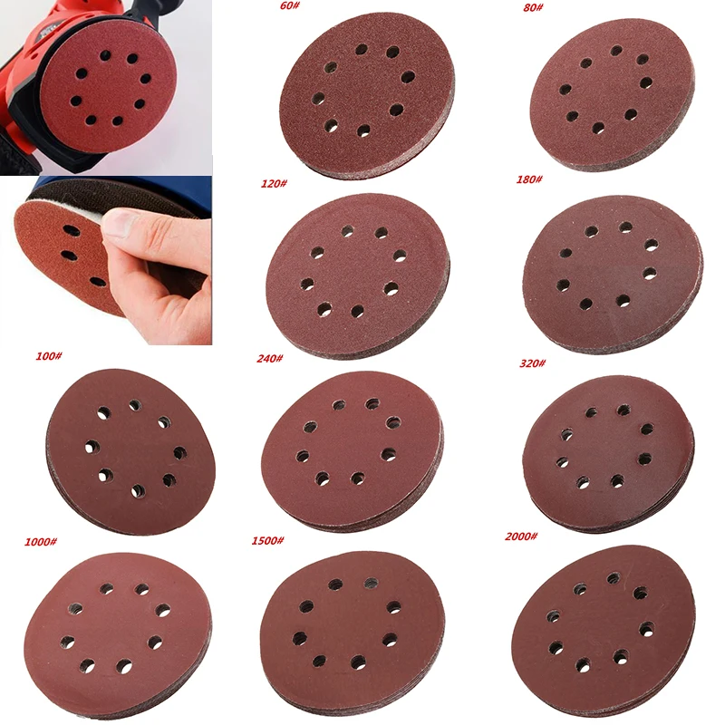 10pcs 5 Inch 125mm Sander Disc Round Sandpaper Eight Hole Disk Sand Sheets Grit 60-2000 Hook & Loop Sanding Disc Polish Tools