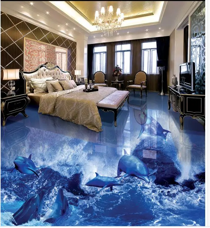 Современный стикер 3D напольный Дельфин волна ванная комната Гостиная напольная