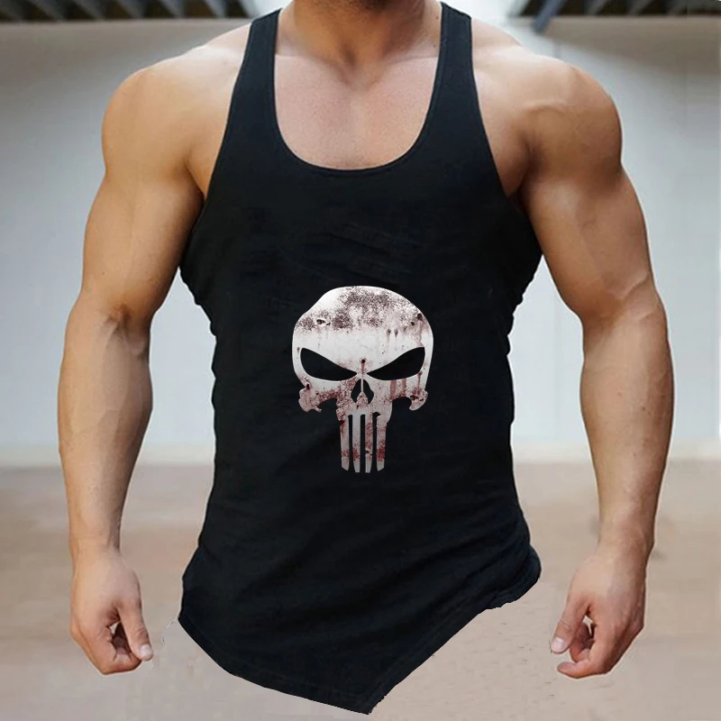 

Street Style Curve Hem The Punisher Stringer Tank Top Bodybuilding Muscle Shirt Workout Vest Blue Red White Black