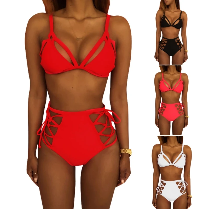 

Women Sexy Push Up Bra Tops High Waist Thong Solid Bandage Bikini Set Swimsuit
