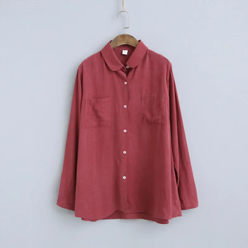 

Johnature Cotton Linen Vintage Shirts For Women 2019 Spring New Solid Color Long Sleeve Turn-down Color Pockets Button Blouses