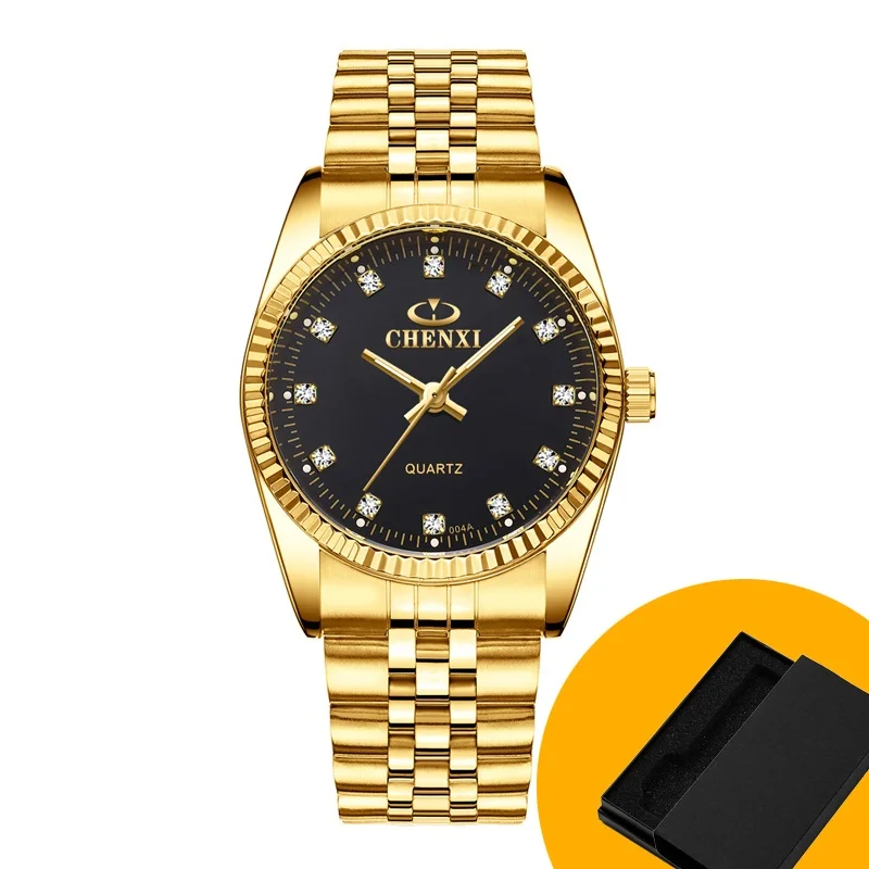CHENXI мужские золотые часы, мужские кварцевые часы из нержавеющей стали, золотые мужские наручные часы для мужчин, лучший бренд, Роскошные Кварцевые часы, часы в подарок - Цвет: Men Black in Box