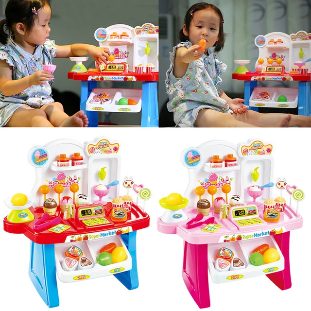 US $14.24 34PCS Kids Plastic Mini Supermarket Cash Register Shopping Cashier Desk POS Toy Supermarket Checkou