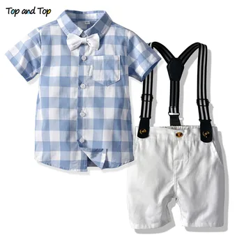 

Top and Top Summer Hot Infant Boy Gentleman Clothes Set Short Sleeve Bow Tie Plaid Shirt+Overalls Shorts Newborn Bebe Boy Set