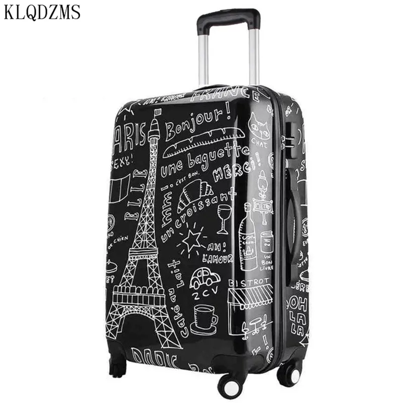 

KLQDZMS 20/24/28inch Fashion Paris Patterns Rolling Luggage Spinner Trolley Suitcase Travel Bag On Wheels