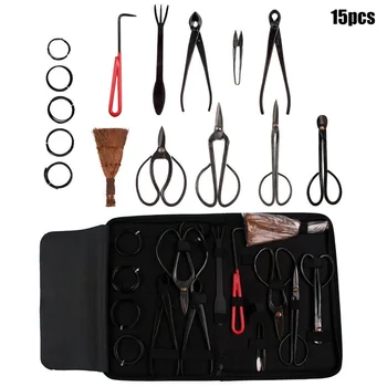 

Newest 15pcs bonsai carbon steel tool set cutting scissors kit with nylon case for garden trimming tool